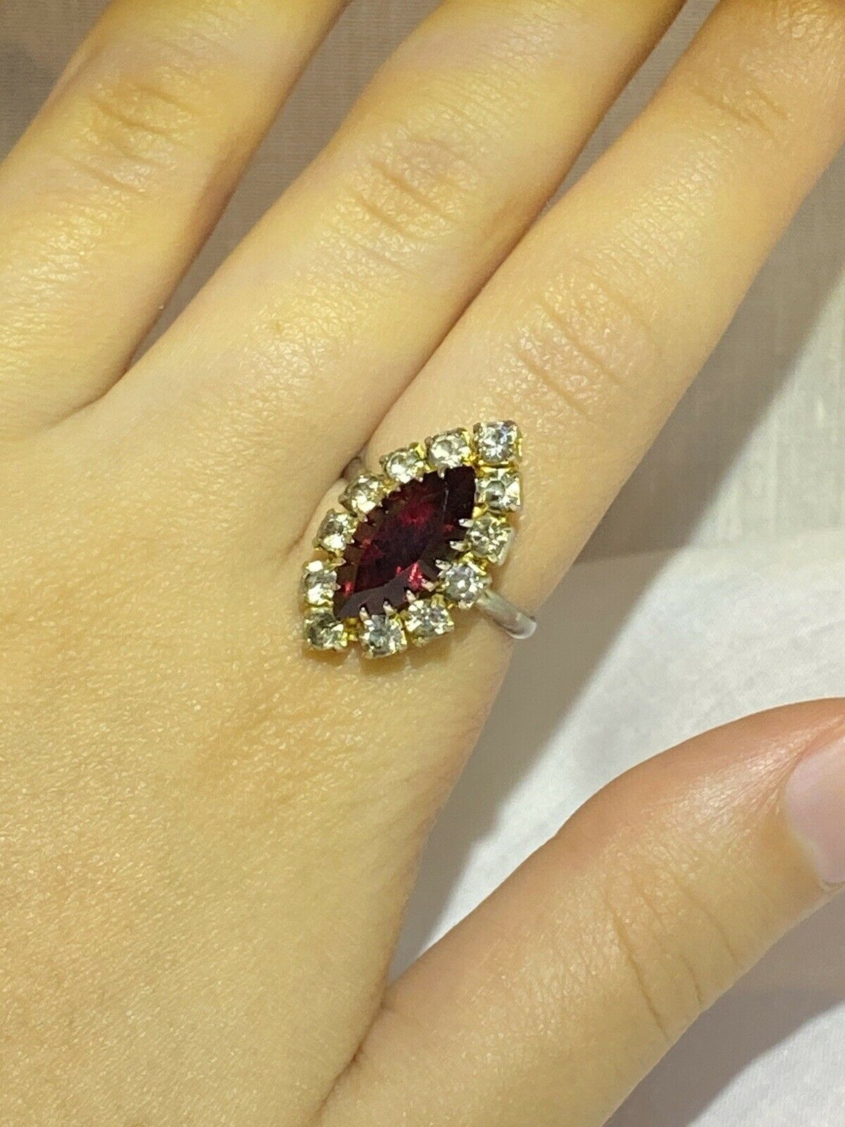 Ruby And Rhinestone Adjustable Vintage Ring Gold Tone