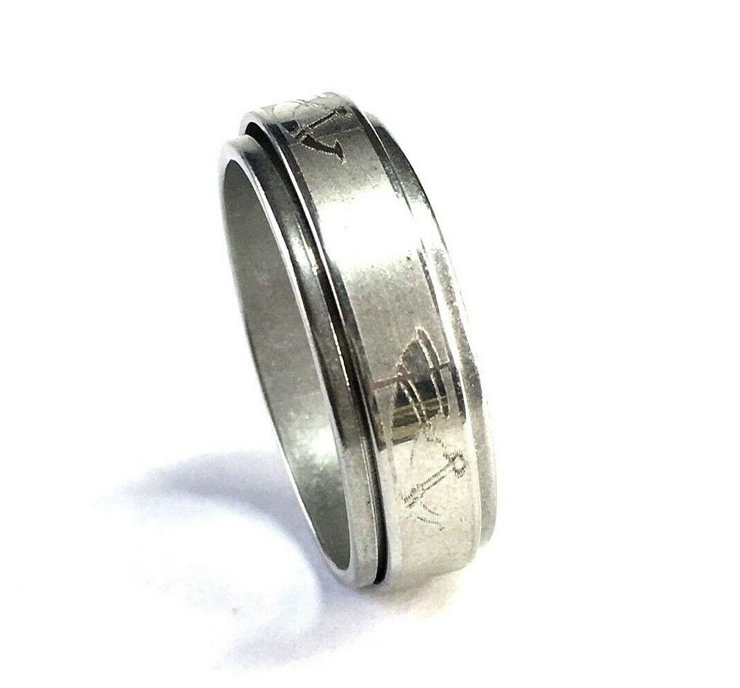 Silver Tone Stainless Steel Etched Powder Horn Spinner Ring Sz 10