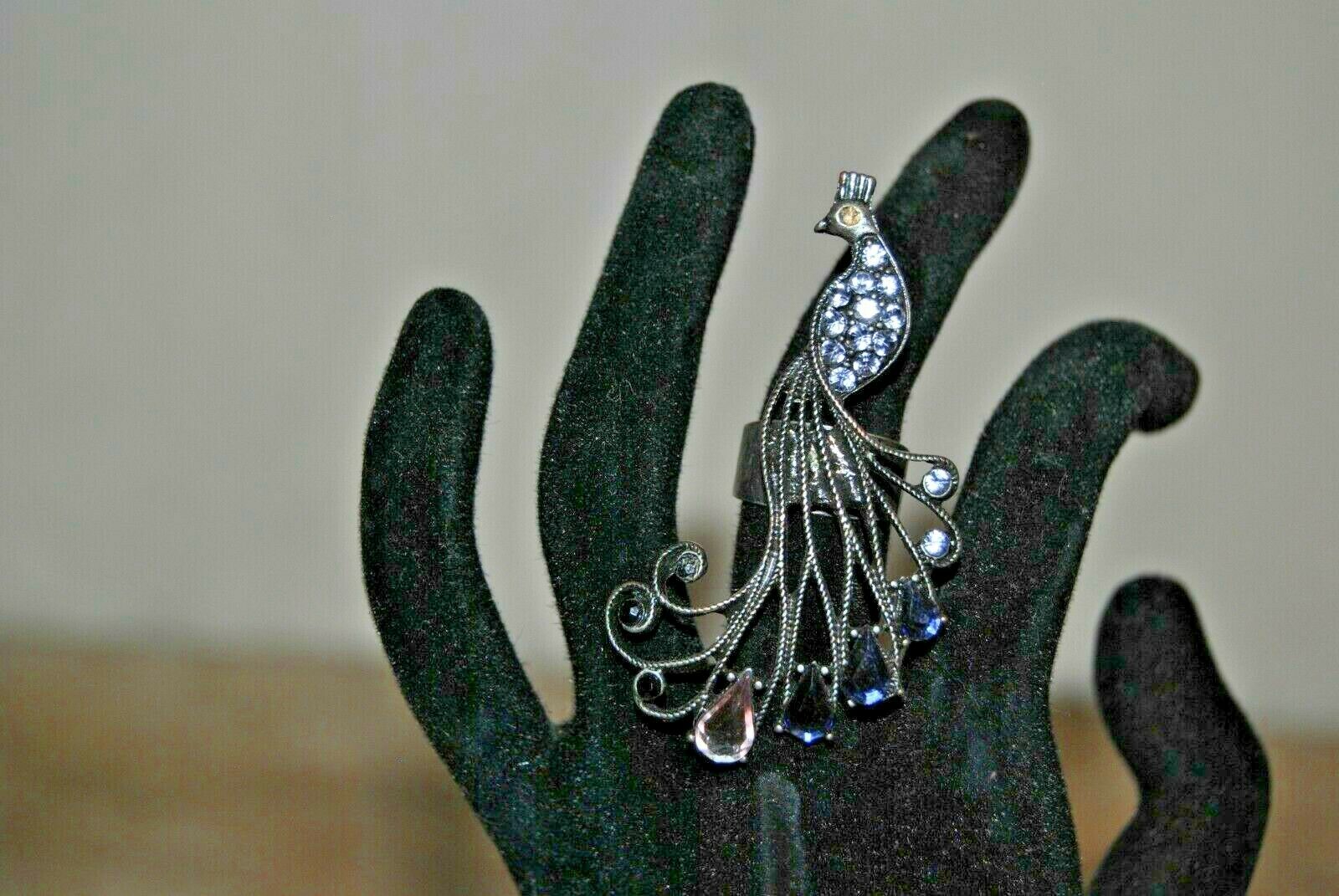Antique / Vintage Silver Tone Long Ring Peacock With Rhinestones Size 6
